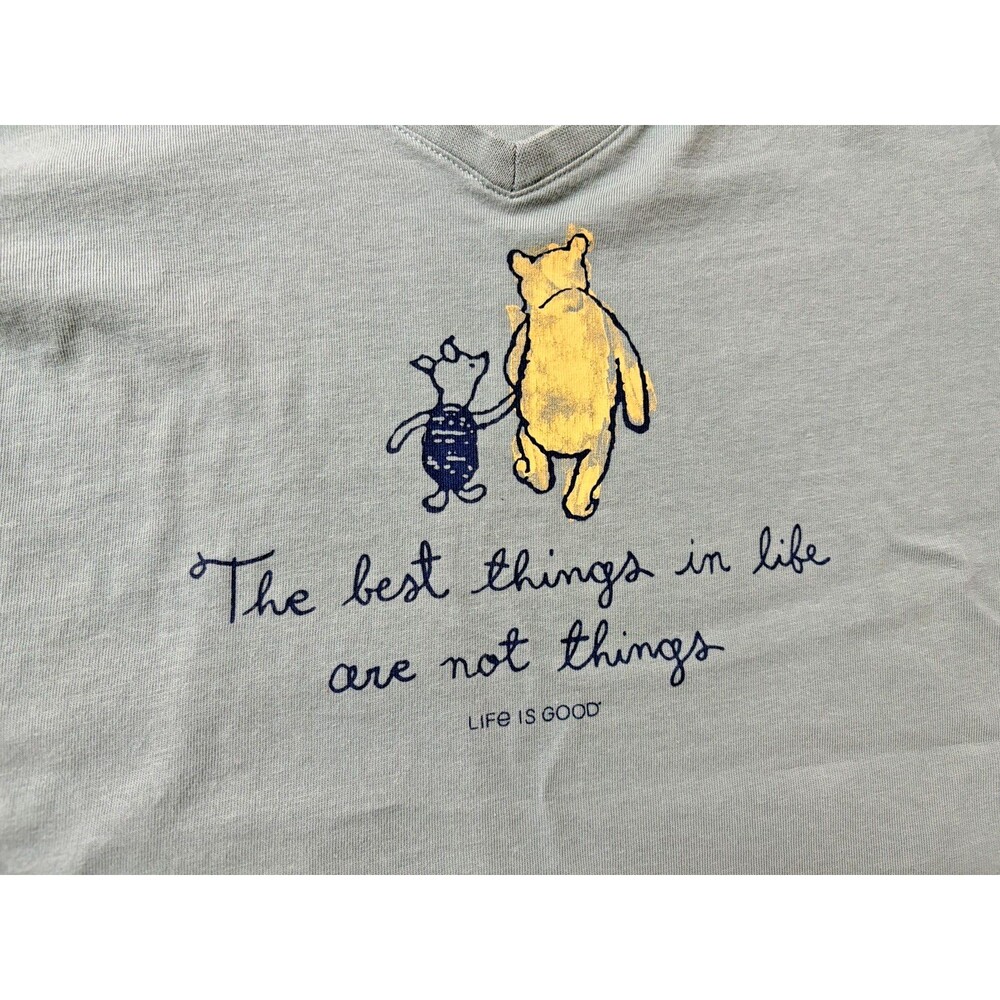 Life Is Good T Shirt Women's M ~ V Neck Short Sleeve Crusher Pooh Lt Cadet Blue - Picture 3 of 6